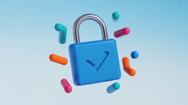 Secure padlock with checkmark surrounded by colorful 3d shapes