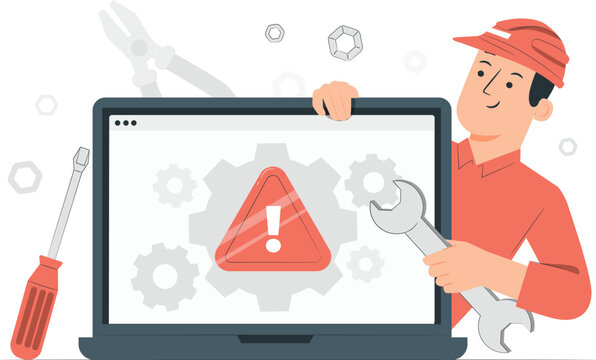 Technician with wrench fixing computer error warning mechanic repair - Powered by Adobe