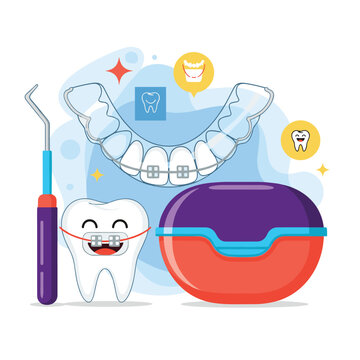 Orthodontic care collection with clear aligners, a cartoon tooth with braces, a retainer case, and a dental pick tool.