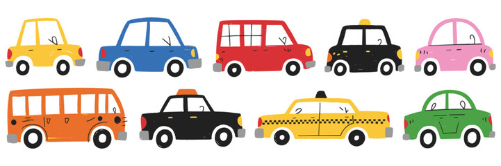 Assortment of Cute Cartoon Cars and Vehicles in Various Colors on White Background illustration © Maru