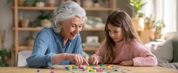 The Grandmother and Granddaughter Solving a Colorful Puzzle Together at Home Table