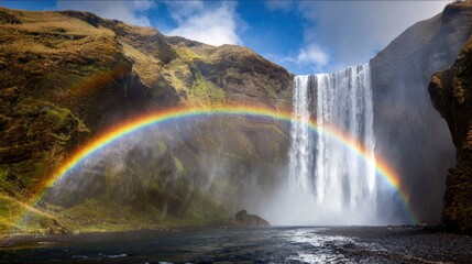 Majestic waterfall cascading down cliffs with vibrant rainbow arching over serene landscape under a bright blue sky