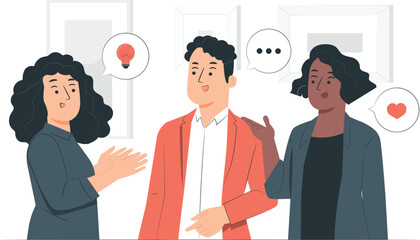 Three People Discussing Ideas with Speech Bubbles discussion communication