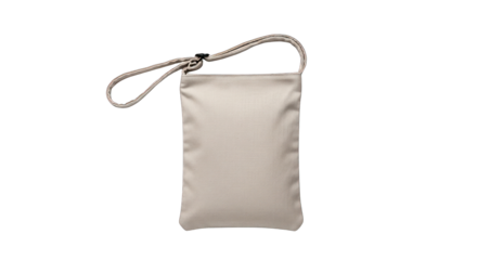 Small beige fabric pouch with a grey strap isolated on a white background.