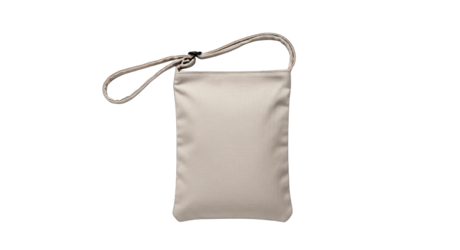 Small beige fabric pouch with a grey strap isolated on a white background.