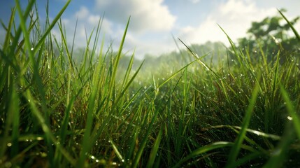 Obraz premium Fresh Morning Dew on Vibrant Green Grass Blades Under Clear Blue Sky with Gentle Sunlight and Soft Clouds in Scenic Nature