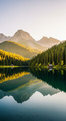 Fototapeta premium Tranquil alpine lake with two cabins and golden forest reflections