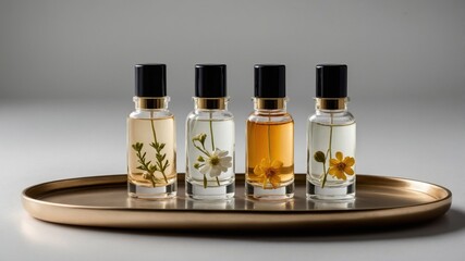 Four elegant perfume bottles with flowers inside on a golden tray