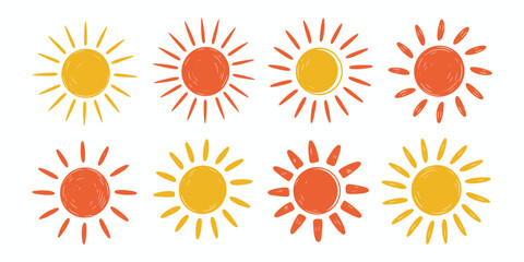 Collection of Hand- Drawn Sun Icons in Yellow and Orange Hues symbol drawing