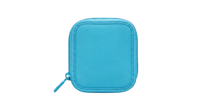 Close-up of a small square zippered blue case on a white background.