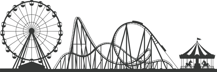 Amusement park silhouette, Ferris wheel, roller coaster, carousel, night theme, fun fair, thrill rides, entertainment zone, family attraction, blue outline, dramatic skyline, fantasy vibe