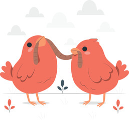 Two Cartoon Birds Sharing a Worm on White Background Keywords: bird, birds, chick, chicks