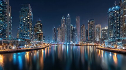 Obraz premium Stunning Night View of Skyscrapers and Reflections in Water in a Modern Urban Landscape