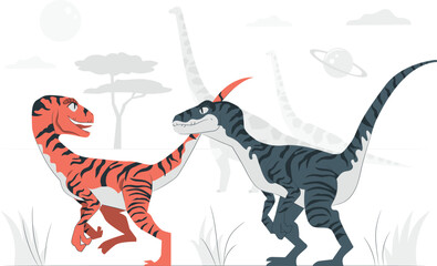 Two cartoon dinosaurs in a prehistoric landscape with planets raptor ancient