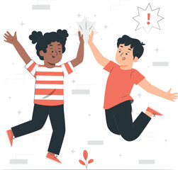 Two children jumping and giving high five kids success