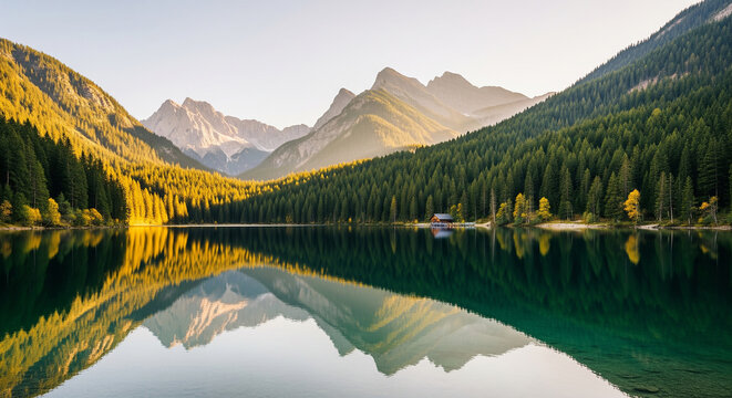 Serene mountain lake with clear reflection of autumn forest and peaks
