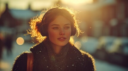 A stylish young woman walking along a snowy street wearing layered cold weather fashion with a wool coat lined leggings soft earmuffs and elegant leather gloves as golden winter sunlight highlights th