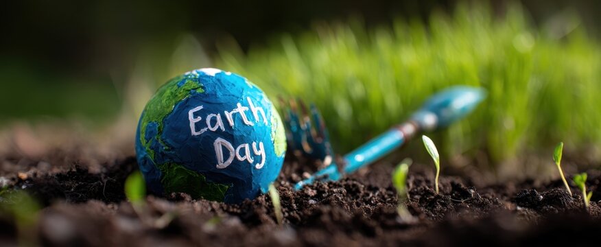 The Earth globe painted with Earth Day lettering lying in soil with seedlings