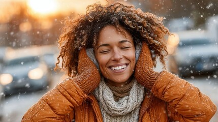 A cheerful woman adjusting her earmuffs while wearing layered winter clothing with a puffer jacket lined leggings and sleek leather gloves as snowflakes fall softly in a serene cold weather street sce