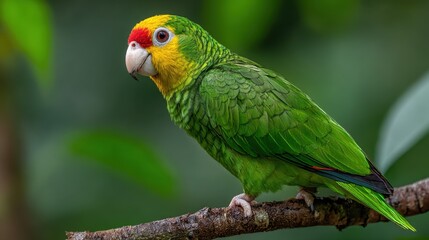 Fototapeta premium Vibrant Green Parrot with Red and Yellow Head Perched on Branch in Lush Tropical Setting