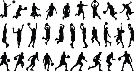 Basketball silhouette, action poses, dribbling, dunking, shooting, passing, jumping, sports motion, athlete movement, black figure, isolated, dynamic, competitive, energetic,