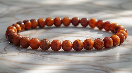 a single prayer bead mala arranged on a flat white surface,