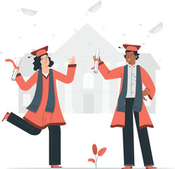 Two Graduates Celebrating with Diplomas and Building graduation celebration