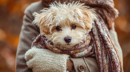 A warm lifestyle image of a person holding their dog wrapped in a fleece dog jacket while the person wears layered coats lined leggings and soft leather gloves standing in soft evening winter light