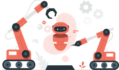 Two industrial robot arms building a small robot robots industrial robots