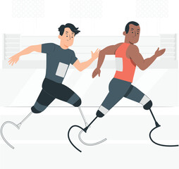 Two male athletes with prosthetic legs running a race sport competition
