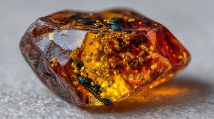 Close-up of a piece of natural, raw amber, with an insect inclusion if possible, translucent golden-brown, isolated on a plain white backlit surface