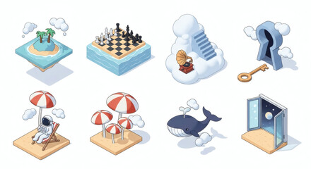 Diverse Isometric Concept Illustrations Whimsical Dreamscapes, Relaxation, and Imaginative Exploration