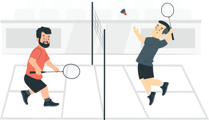 Two men playing badminton on a court sport game
