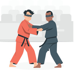 Two men in martial arts uniforms sparring with blindfolds judo karate