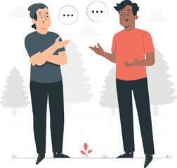 Two men talking outdoors with speech bubbles and stylized trees conversation communication