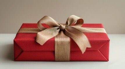 a single red gift box with a gold ribbon, placed on a white surface with white background