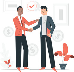 Two men shaking hands in agreement with check mark symbol handshake business