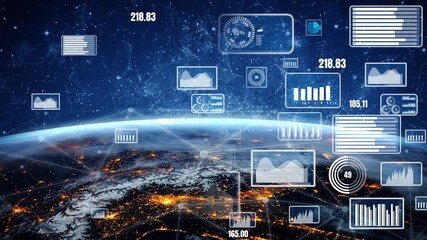 A stunning depiction of a futuristic digital data interface overlaying Earth, showcasing various graphs and statistics to illustrate global data trends and analytics. Xenic - Powered by Adobe