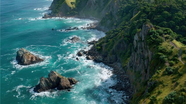 Serene Coastal Landscape with Rocky Shores and Lush Green Cliffs Beneath Clear Blue Sky and Gentle Ocean Waves