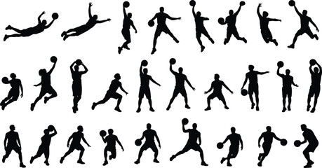Basketball silhouettes, dynamic poses, dribbling, shooting, dunking, passing, jumping, athletic motion, sports action, black figures, isolated players, competitive energy,