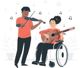 Two people playing musical instruments, one in a wheelchair musicians guitar