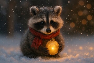 Cute Raccoon Wearing a Red Scarf and Holding a Glowing Golden Christmas Ornament in the Snow