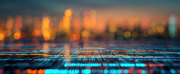 The digital cityscape with glowing circuitry foreground and blurred bokeh skyline at dusk