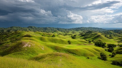 Fototapeta premium Lush Green Rolling Hills Under Dramatic Clouds in a Scenic Landscape with Vibrant Nature and Expansive Skies