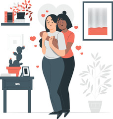 Two women embracing with hearts and home decor elements couple lesbian