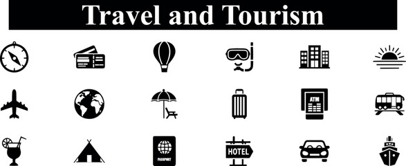 Collection of travel and tourism icons including compass, tickets, hot air balloon, snorkel, hotel, airplane, globe, beach chair, suitcase, bus, cocktail, tent, passport, car, and ship