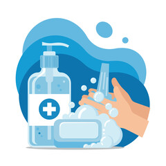 Obraz premium Hygiene and sanitation concept showing hand washing with soap and water, with a bottle of antibacterial hand sanitizer gel.