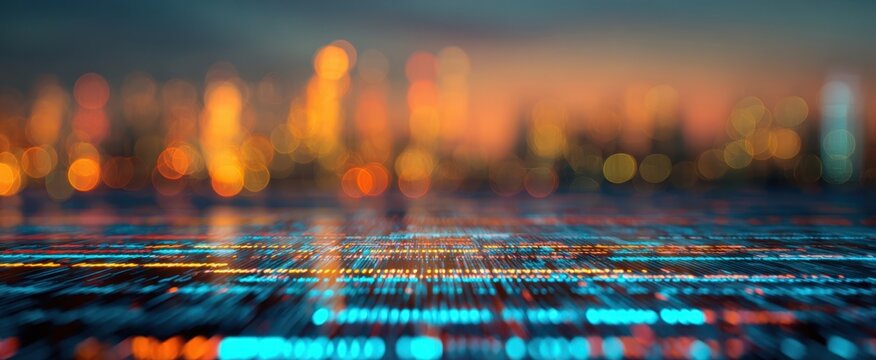 The digital cityscape with glowing circuitry foreground and blurred bokeh skyline at dusk - Powered by Adobe