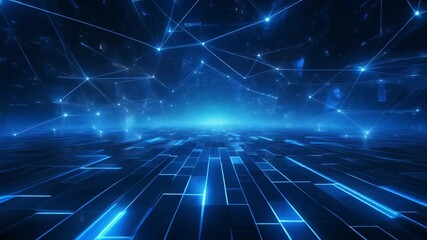 An abstract blue technology background with glowing lines and dots creates a futuristic network, symbolizing connectivity, data flow, and the digital landscape of modern communication - Powered by Adobe