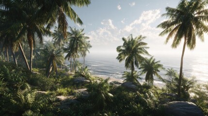 Fototapeta premium Serene Coastal Scene with Lush Palm Trees and Gentle Waves Under a Bright Sky at Dawn